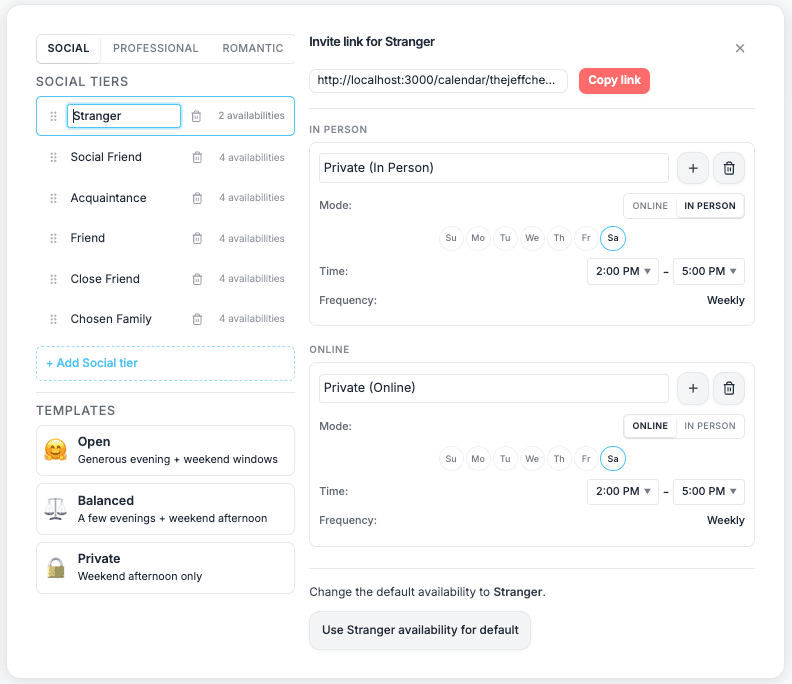 Relationship tier builder with Social, Professional, and Romantic categories, tier list, and availability templates