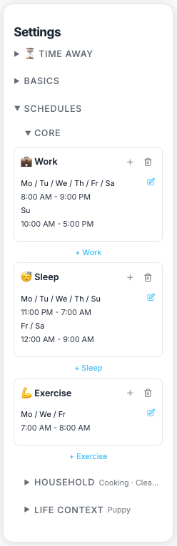 Settings sidebar with schedule cards for Work, Sleep, Exercise, Household, and Life Context