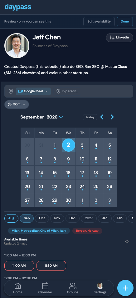 Public daypass booking page with open time slots