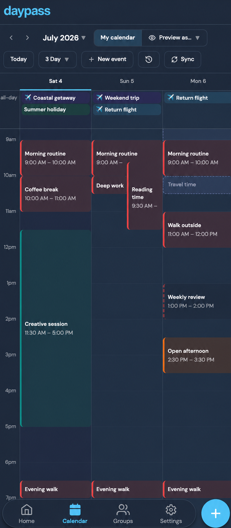 daypass calendar week view with synced Google calendars