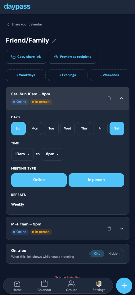 Editing availability schedules in daypass